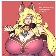 drawing blushing color long_hair huge_breasts cat_ears necklace bracelet dialogue bell no_background between_breasts