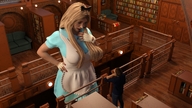 gentle giantess blonde long_hair clothed gloves dress standing alice_in_wonderland hair_bow library looking_at_tiny digital_render big-elsa alice