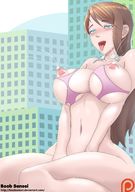 breasts drawing giantess blushing city aroused color large_breasts long_hair saliva anime brunette milk sitting lactation outdoors braid ripped_clothing boobsensei