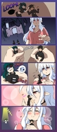 breasts drawing giantess white_hair crush blushing horns comic black_hair color long_hair handheld red_eyes smiling green_hair kissing shadow belly heart looming shrunken_woman shrunken_man looking_down closed_eyes no_background herretik eyepatch piro