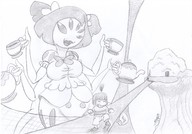drawing giantess monochrome large_breasts short_hair pigtails tea spider_girl lightarchon undertale frisk muffet