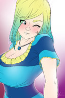 breasts drawing gentle giantess blushing mega color large_breasts long_hair blue_eyes cleavage blue_hair smiling medium_length_hair hugging voluptuous shirt necklace jade winking no_background looking_at_tiny multicolored_hair one_eye_closed bongoskillz