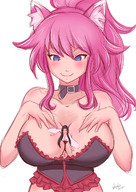 breasts drawing giantess blushing black_hair color large_breasts long_hair blue_eyes cleavage cat_ears smiling pink_hair kimono belly collar looking_down cat_girl voluptuous choker no_background looking_at_tiny mio vkelis kaguya between_breasts