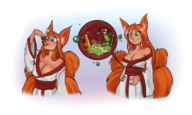 breasts drawing giantess vore comic color large_breasts long_hair tongue handheld green_eyes digestion smiling fox_ears fox_tail kimono food dangle voluptuous fox_girl multiple_tails orange_hair stomach_view internal_view no_background looking_at_tiny cysh_aizen holding_belly manbanras