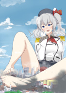 breasts drawing giantess white_hair crush panties feet blushing city mega aroused color destruction blue_eyes barefoot rampage skirt buildings anime ribbon sweat smiling sitting foot_crush pigtails looking_down kantai_collection piyonaf kashima army_uniform