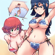 bikini breasts drawing giantess blushing black_hair color large_breasts long_hair green_eyes smiling red_hair belly medium_length_hair looking_down close_up giantesses thighs voluptuous freckles thick_thighs looking_at_tiny armpits khl4us