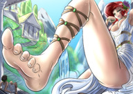 breasts drawing giantess feet color large_breasts long_hair barefoot cleavage green_eyes goddess waterfall smiling red_hair sitting foot_crush looking_down thighs voluptuous greek bryan_lobdell toga looking_at_tiny sizeworkshop paula