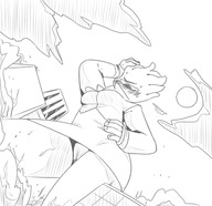 breasts drawing giantess panties blushing city alien monochrome destruction skirt buildings demon sweat low_angle sketch looking_down secretary thighs cyclops hand_on_waist flustered iris_(ethan64) emmacat64