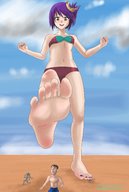 drawing giantess color toes barefoot soles purple_hair low_angle short_hair walking nail_polish raised_foot purple_nails