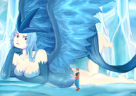 breasts drawing giantess pokemon feet wings color large_breasts barefoot cleavage red_eyes blue_hair lying_down medium_length_hair ice pokeball white_skin articuno gtsleuth gijinka red_(pokemon)