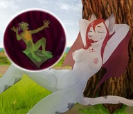 breasts drawing nipples nude vore furry tail wings anthro color long_hair tongue cat_ears smiling tree red_hair sitting stomach fangs shrunken_man grass open_mouth cat_girl x-ray thighs field tattoo closed_eyes white_fur stomach_view internal_view implied_digestion thedeadtiger