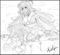 breasts drawing giantess crush blushing monochrome large_breasts long_hair butt destruction cleavage buildings butt_crush stockings kimono sitting japanese voluptuous maximumimpulse