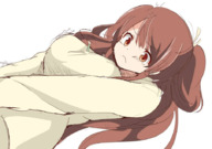 breasts drawing giantess crush blushing color large_breasts long_hair anime red_eyes angry breast_crush brunette looking_down sweater no_background noneto between_breasts