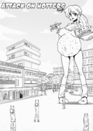 breasts drawing nipples giantess vore blushing city mega monochrome large_breasts long_hair buildings smiling piercing thighs chopsticks voluptuous nipple_piercing big_belly mabeelz