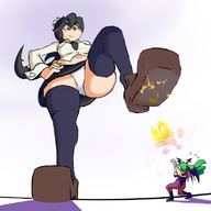 breasts drawing giantess crush panties wings upskirt black_hair color long_hair skirt red_eyes stockings low_angle smiling foot_crush morrigan_aensland belly looking_down darkstalkers voluptuous imminent_crush no_background looking_at_tiny skullgirls filia fupoo filia_medici