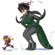 breasts drawing giantess blonde black_hair color large_breasts long_hair tongue crossover saliva mini_giantess heart running open_mouth thighs dripping monster_girl megaman roll imminent_vore no_background looking_at_tiny skullgirls fupoo unusual_pupils filia_medici