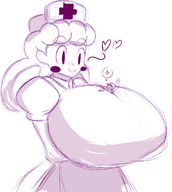 breasts drawing giantess pokemon blushing monochrome long_hair huge_breasts breast_crush smiling nurse heart sketch voluptuous smothering no_background looking_at_tiny doodlewill