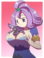 breasts drawing giantess pokemon blushing color large_breasts long_hair blue_eyes cleavage purple_hair huge_breasts smiling medium_length_hair looking_down voluptuous no_background looking_at_tiny hex_maniac kojiro-brushard acerola between_breasts