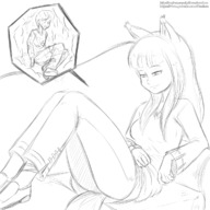 breasts drawing vore blushing tail comic monochrome long_hair tongue digestion smiling fox_ears sitting horo shrunken_man looking_down open_mouth dripping sofa canime stomach_view internal_view no_background multiple_pages hand_on_belly