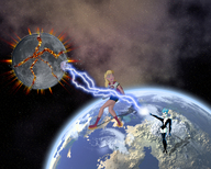 giantess collage earth giga blonde space liquidz destruction blue_hair moon boots supergirl shorts giantesses costume cape top hairband dc_comics cosmic_giantess livewire
