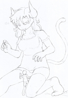 breasts drawing giantess panties horns tail monochrome long_hair playful stockings smiling heart bethoncer looking_down voluptuous no_background