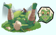 breasts drawing giantess white_hair pussy feet blushing tail color large_breasts butt sex barefoot cleavage anal smiling lying_down fangs medium_length_hair bull shrunken_man looking_down dark_skin thighs field voluptuous earrings long_ears thick_thighs green_skin noill vanillycheesecake