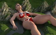 giantess mega large_breasts swimsuit cleavage water lying_down short_hair navel sunglasses mountains boomgts digital_render
