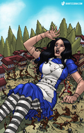 breasts drawing giantess mega upskirt black_hair color large_breasts long_hair butt crossover buildings multiple_sizes ponytail dress lying_down giantesses striped_stockings alice_in_wonderland madness_returns giantessfan jumpsuit tied_down cassie_lang stature marvel_comics alice giant_woman_squad