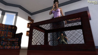 clothed brunette shrunken_man looking_down cage indoors spawngts bracelet digital_render