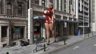 giantess blonde cleavage high_heels huge_breasts short_hair walking outdoors thick_thighs digital_render