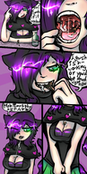 drawing micro tail color tongue mouth teeth cleavage bra skirt saliva green_eyes purple_hair spitting teasing cat_girl chewing mspaintgts between_breasts