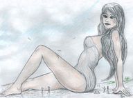 drawing giantess black_hair beach small_men nikko goddessia sketching