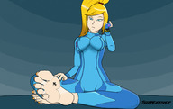 drawing giantess blonde color blue_eyes toes barefoot soles samus_aran ponytail sitting on metroid nail_polish stuck sizeworkshop