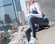collage city blonde clothed buildings butt_crush sitting shrunken_man costume braid spider-man spider-woman zboczony marvel_comics spider-gwen