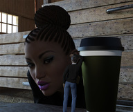brunette dark_skin coffee runswithferrets looking_at_tiny purple_lipstick digital_render bun
