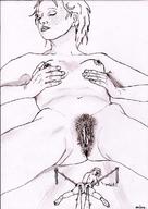 drawing nude monochrome pubic_hair short_hair shrunken_woman closed_eyes slingshot cupping_breast