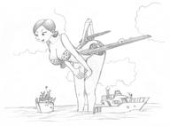 bikini drawing monochrome large_breasts short_hair frakass bending_over looking_down boats outdoors