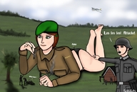 drawing giantess panties color barefoot green_eyes brunette lying_down short_hair bottomless outdoors between_fingers dialogue pinched nazi beret