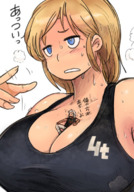 breasts drawing giantess blushing blonde color large_breasts blue_eyes cleavage sweat medium_length_hair voluptuous japanese_text top no_background bakugeki_no_g between_breasts planet_(bakugeki_no_g)