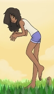 drawing giantess color long_hair barefoot brunette shorts walking looking_down forest dark_skin outdoors top