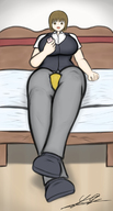 drawing color bed huge_breasts brunette short_hair mini_giantess amazon legs_crossed cell_phone scissor yamumil