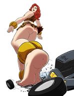 drawing giantess upskirt color long_hair butt destruction barefoot giganta red_hair callmepo foot_crush vehicles looking_back leopard_print no_background dc_comics