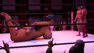 nude black_hair long_hair huge_breasts ponytail lying_down mini_giantess bondage fighting dark_skin wrestling_ring redfiredog digital_render squash_match