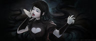 breasts drawing giantess vore black_hair color long_hair tongue blue_eyes mouth handheld cleavage open_mouth lillian imminent_vore looking_at_tiny mikurei26