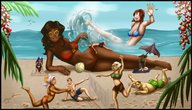bikini drawing giantess black_hair color long_hair beach volleyball red_hair lying_down sunglasses giantesses swimming dark_skin outdoors umbrella