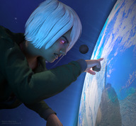 giantess white_hair earth giga space planet moon jetslasher glowing_eyes digital_render cosmic_giantess