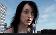 giantess nude city black_hair long_hair looking_down outdoors digital_render