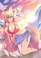 bikini drawing gentle giantess color large_breasts long_hair beach cleavage fox_ears fox_tail red_hair kneeling outdoors on_shoulder batusawa
