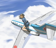 drawing giantess color skirt brunette gloves short_hair sitting airplane outdoors hat stewardess