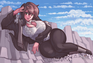 breasts drawing giantess mega color large_breasts long_hair destruction cleavage brunette castle lying_down mountains thighs voluptuous thick_thighs scarf gareit0